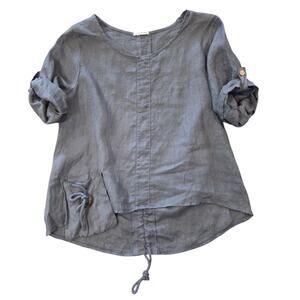 100% linen Made in Italy scoop neck roll sleeves blue gray S / M